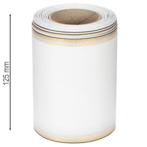 Elegant Moiré wreath ribbon, 125mm, white with gold edging - High-quality decorative ribbon for floristry and celebrations | Floristik24.co.uk