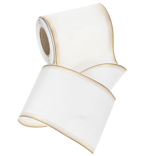 Elegant Moiré wreath ribbon, 125mm, white with gold edging - High-quality decorative ribbon for floristry and celebrations | Floristik24.co.uk