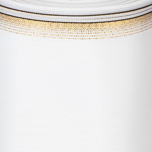Elegant moiré wreath ribbon, 200mm white with gold pearl edge and special finish, 25m - Perfect for decorations &amp; celebrations | Floristik24.co.uk