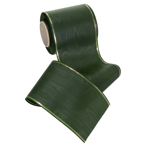 Product Elegant moiré green wreath ribbon with gold edge, 100mm x 25m, for funeral floristry and decoration