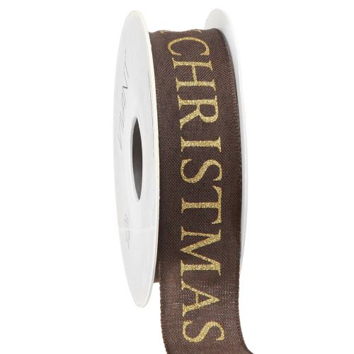 Elegant Christmas ribbon in dark brown with golden &#39;Merry Christmas&#39; lettering Width 25mm Length 15m