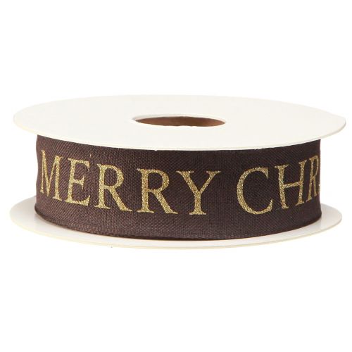 Product Elegant Christmas ribbon in dark brown with golden 'Merry Christmas' lettering Width 25mm Length 15m