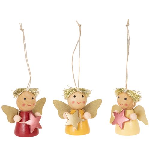 Wooden Hanging Angel Ornaments with Star 5cm Set of 9
