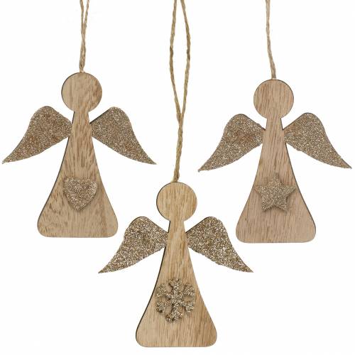 Deco pendant wood angel glitter 10cm 12pcs