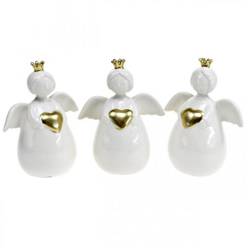 Angel figure ceramic white, golden guardian angel 10 × 6.5 × 13cm 3pcs