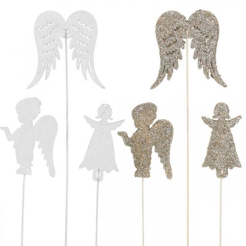 Floristik24 Advent plug angel, wings for sticking, wooden angel, Christmas decoration natural, white, gold glitter 18 pcs