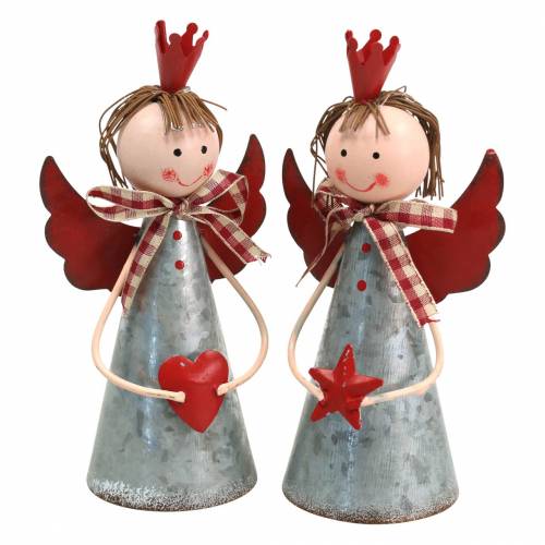 Decorative angel with crown metal silver, red Ø7.5 H13.5cm 2pcs