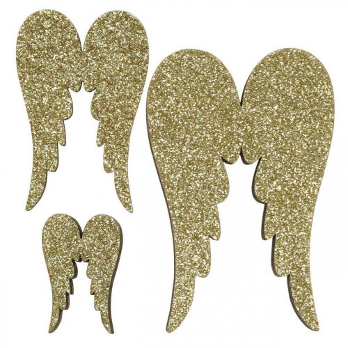 Floristik24 Scattered decoration, angel wings, advent decoration, wings to decorate golden, glitter H7 / 5 / 3cm W4.5 / 3.5 / 2cm 18pcs