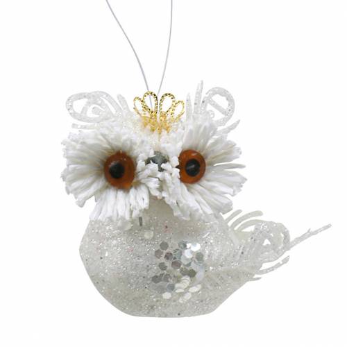 Product Decorative owl with crown to hang white, glitter 6.5 × 8cm 6pcs.