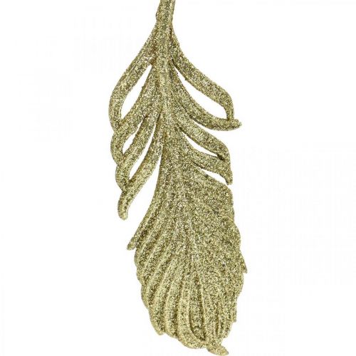 Product Decorative feathers, tree decorations with glitter, advent decorations, feathers for hanging golden L22cm 12pcs