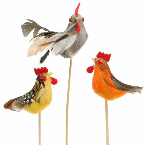 Floristik24 Rooster with real feathers on the stick orange, yellow, brown assorted H5-6cm 12pcs