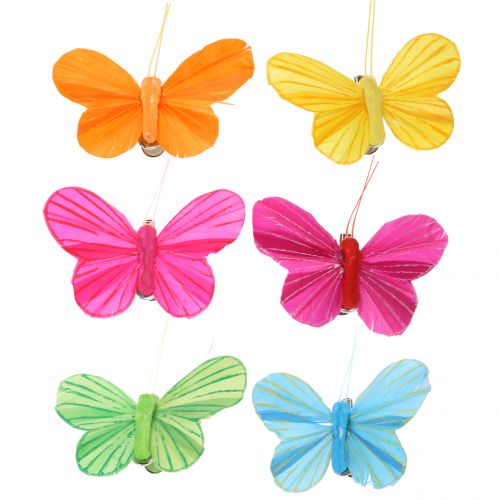 Feather butterfly on clip colorful 6cm 12pcs
