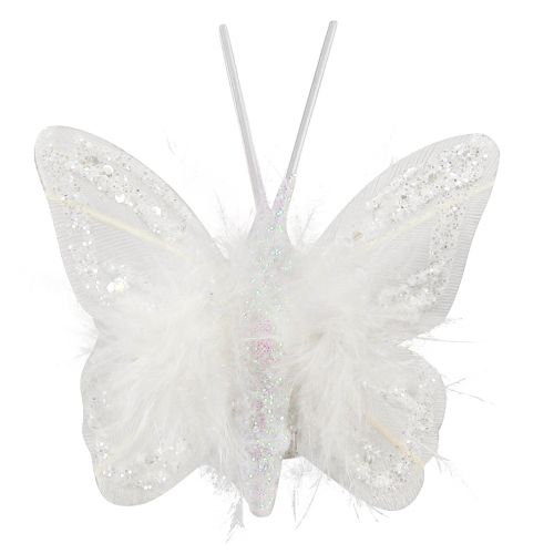 Product Feather butterflies on clip white glitter 5x4.5cm 4 pcs