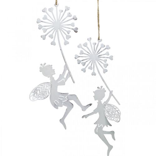 Floristik24 Fairy with dandelion, spring decoration for hanging, metal pendant white, silver H25.5/27.5cm 4pcs