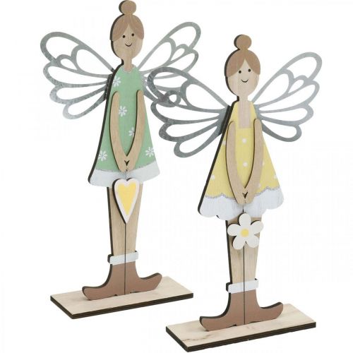 Decorative elf, spring decoration, fairy to stand, wooden decoration green, yellow H34cm set of 2