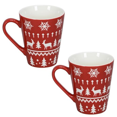 Product Festive Christmas mug with reindeer and Christmas tree motif H10cm - red and white 2pcs