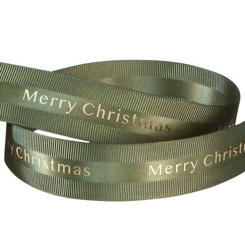 Product Festive Christmas ribbon in dark green with golden &#39;Merry Christmas&#39; lettering Width 25mm Length 20m