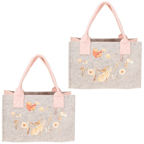 Product Felt bag with flower motif – Sustainable gift &amp; shopping bag in grey &amp; pink 26cm 2pcs