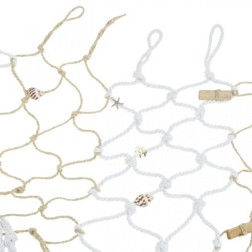 Fishing net with shells and driftwood, maritime, decorative net, marine decoration 72 × 120cm