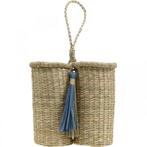 Product Bottle holder made of seagrass, braided bottle basket, balcony decoration, decorative basket for hanging nature, blue H20cm W22cm