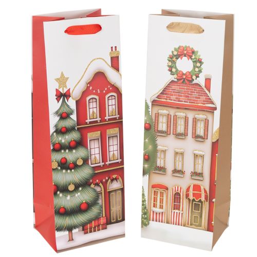 Set of 2 Christmas Bottle Gift Bags, Paper, 36cm, House and Tree Design buy online | Floristik24.co.uk