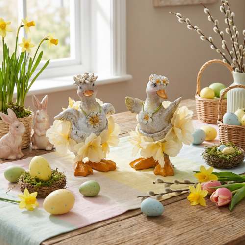 Product Decorative duck figurine in a floral dress, spring, detailed summer decoration accessory, 11cm, 2 pieces