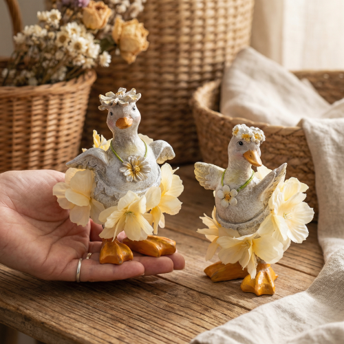 Product Decorative duck figurine in a floral dress, spring, detailed summer decoration accessory, 11cm, 2 pieces