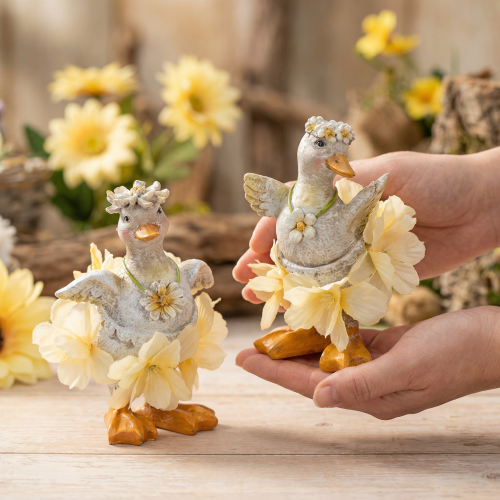 Product Decorative duck figurine in a floral dress, spring, detailed summer decoration accessory, 11cm, 2 pieces