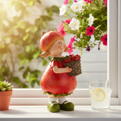 Product Strawberry Girl Decorative Figurine for Summer Decor, Cute Statue for Living Room and Balcony, 18cm