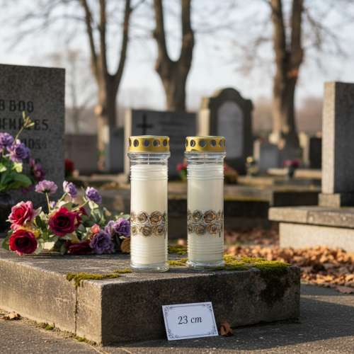 Product Grave candles white roses mourning light Ø7cm H23,5cm 100h 2pcs