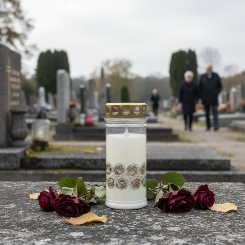 Product Grave candle white roses gold mourning light Ø7cm H18cm 77h