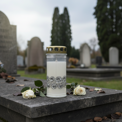 Product Grave candle white roses silver mourning light Ø7cm H18cm 77h