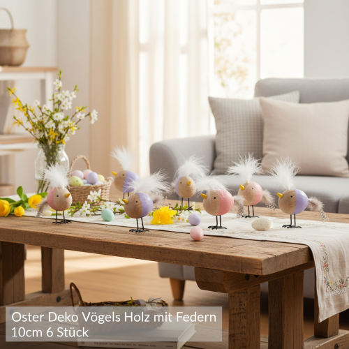 Product Decorative wooden bird with feathers and colorful body for table decoration, 10cm, 6 pieces