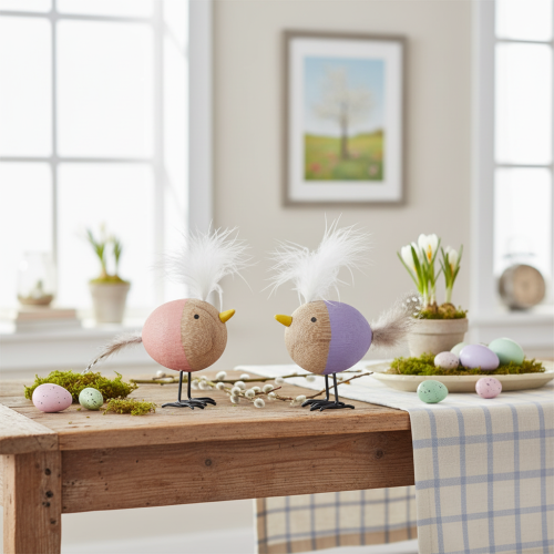 Product Decorative wooden bird with feathers and colorful body for table decoration, 10cm, 6 pieces