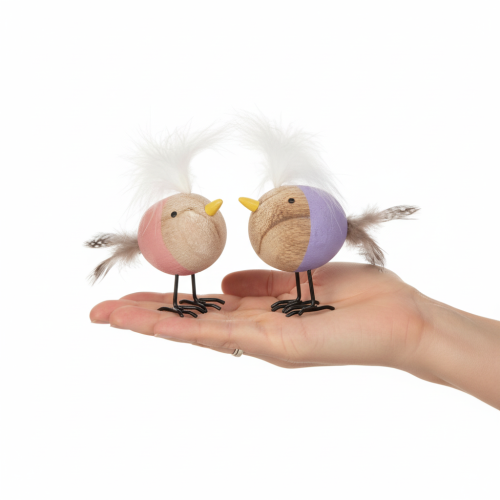 Product Decorative wooden bird with feathers and colorful body for table decoration, 10cm, 6 pieces