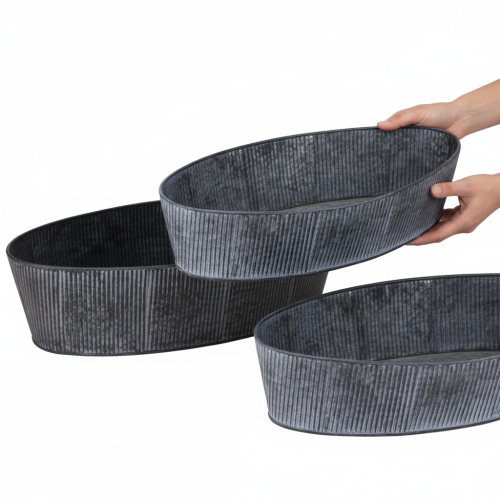 Product Oval metal bowl, black and grey, vintage style, 32.5/37cm, set of 2.