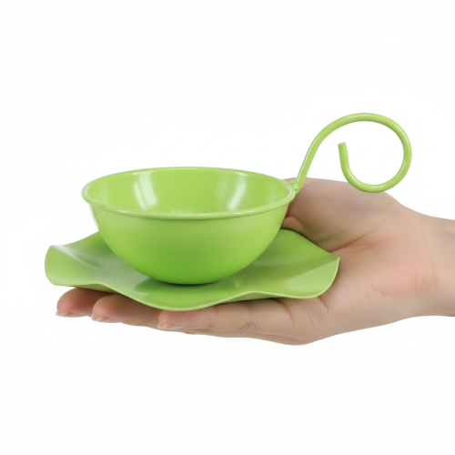 Product Metal decorative cup with saucer, light green, H8cm Ø11.5cm, 2 pieces