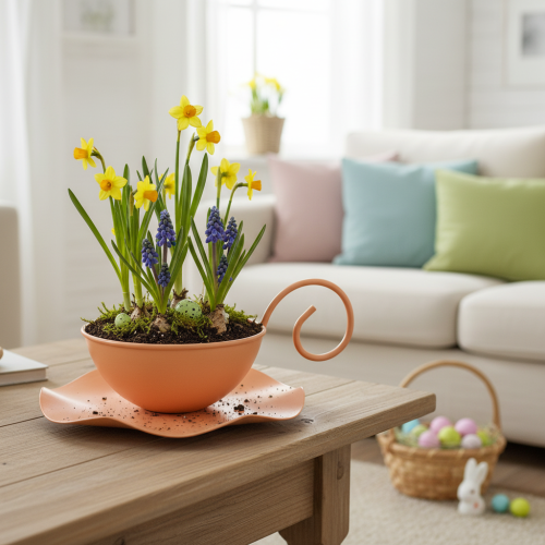 Product Metal decorative cup, orange, Ø11.5cm, H6cm, with saucer, 2 pieces