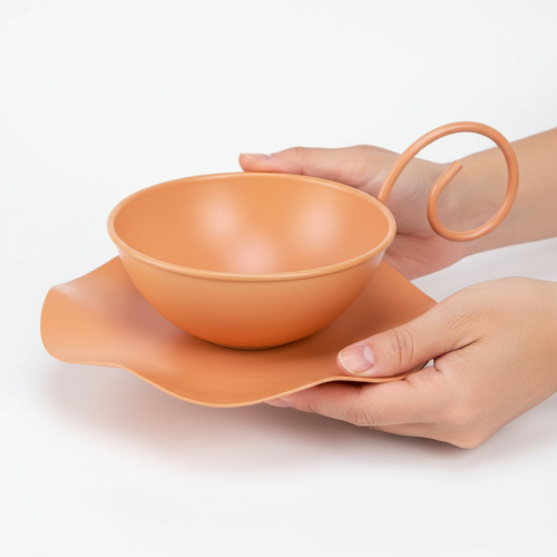 Product Metal decorative cup, orange, Ø11.5cm, H6cm, with saucer, 2 pieces