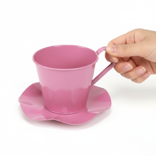 Product Decorative tea cup metal cup with plate pink Ø12 H10cm 8 pcs