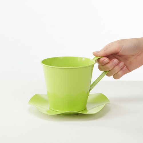 Product Decorative tea cup metal with plate light green Ø12 H10cm 8 pcs