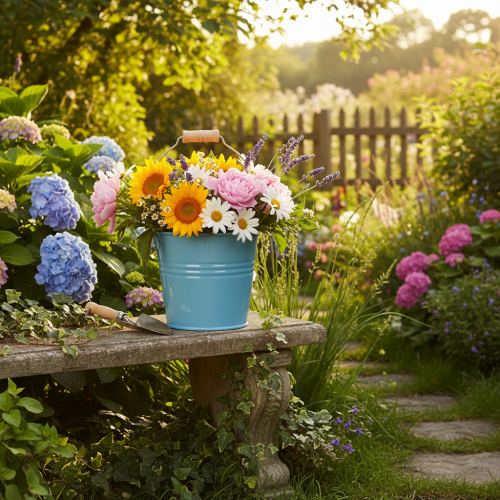 Product Decorative bucket, metal, wooden handle, flower pot, blue, 16cm high, 2 pieces