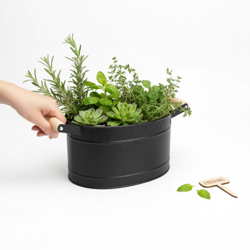 Product Metal oval flower pot with handle, black and natural finish, 34x19.5x15cm