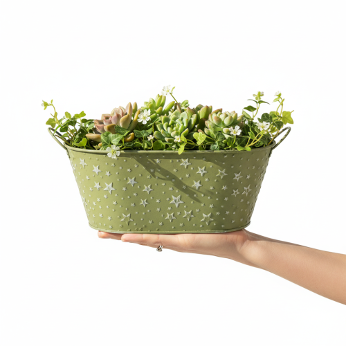 Product Oval metal bowl with stars and handles, green, 31×16cm, H12.5cm