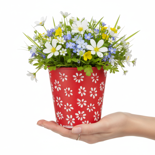 Product Red and white floral flower pot, metal, Ø12.5cm H11.5cm