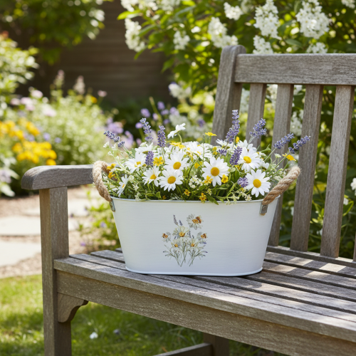 Product Decorative oval metal bowl, white with natural floral decor, L26cm