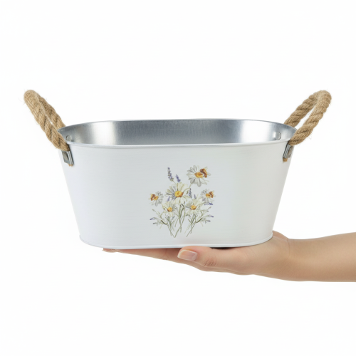 Product Decorative oval metal bowl, white with natural floral decor, L26cm