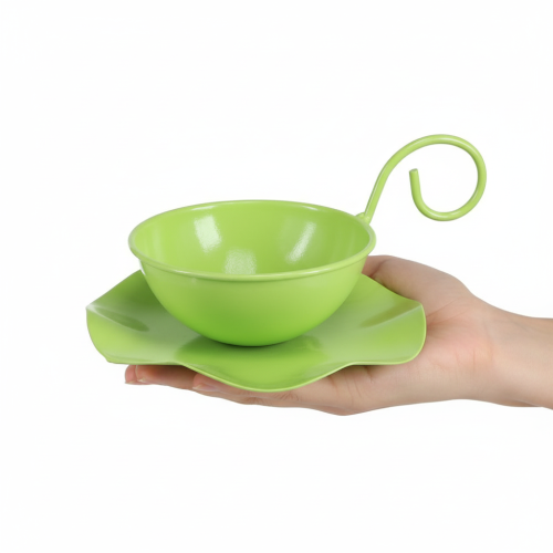 Product Metal decorative cup with saucer, light green, H8cm Ø11.5cm, 2 pieces