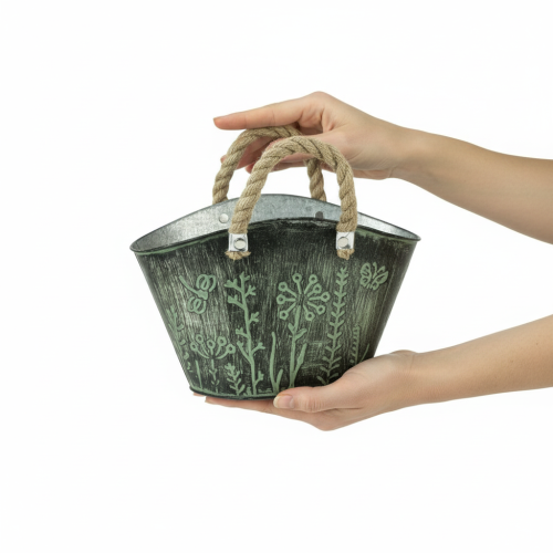 Product Flower pot with handles, bag, metal, jute, 19×13.5×13.5cm