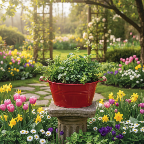Product Decorative bowl with handles, metal flower bowl, red, Ø29cm, H14.5cm